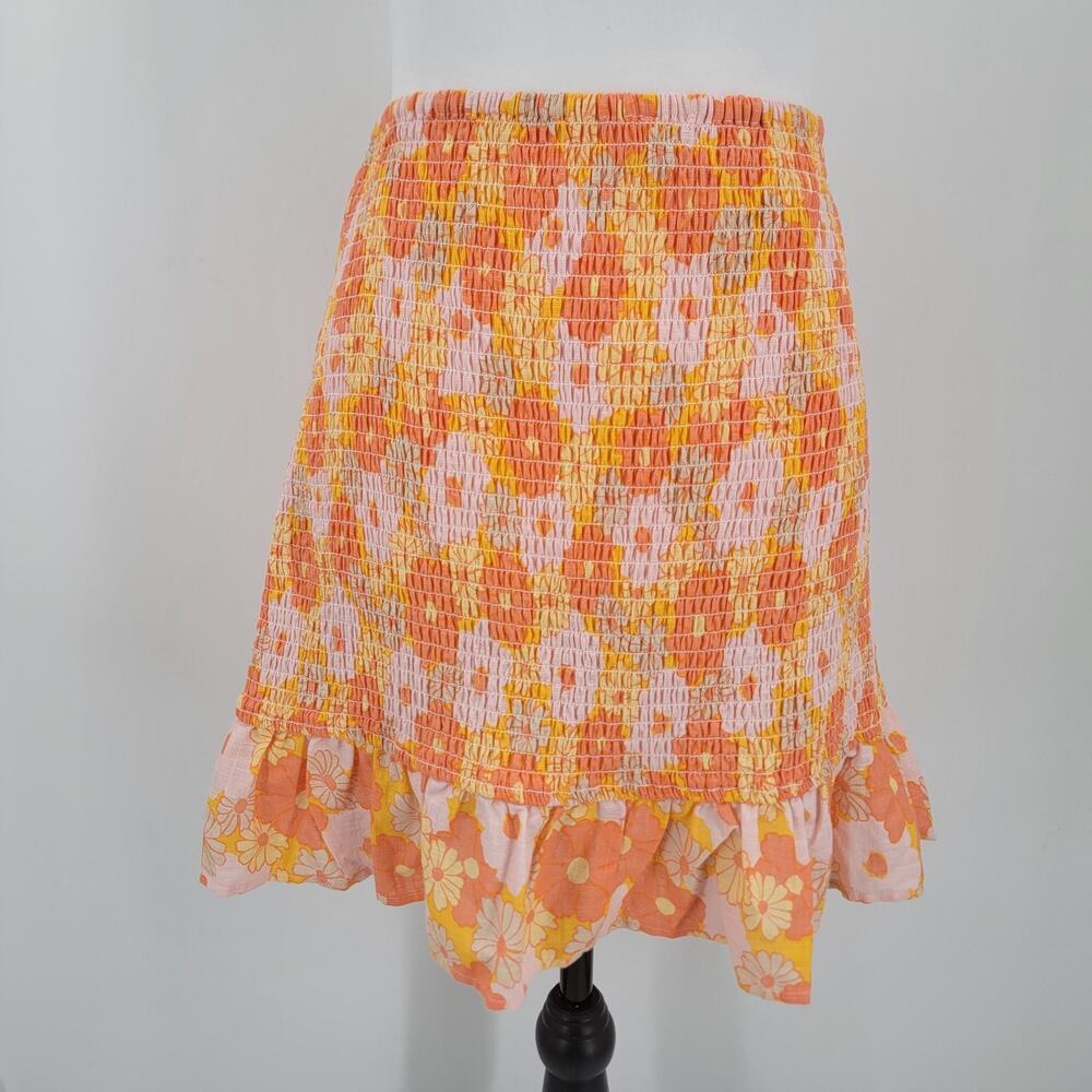 Cotton On Mini Skirt Womens Large Smocked Floral Ruffle Stretch Pink Orange